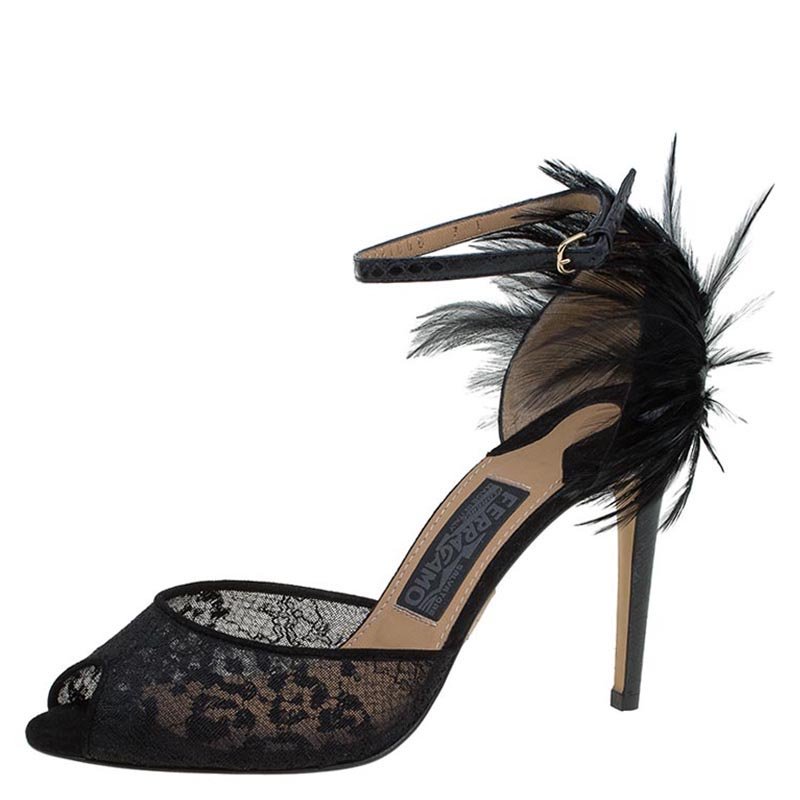 Salvatore Ferragamo Black Mesh and Leather Feather Detail Narleen Ankle Strap Sandals Size 37.5