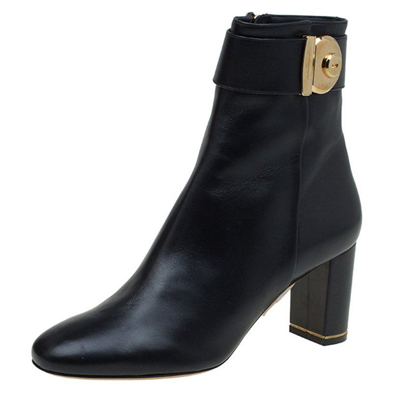 Pre Owned Salvatore Ferragamo Black Leather Fiamma Ankle Boots Size 40