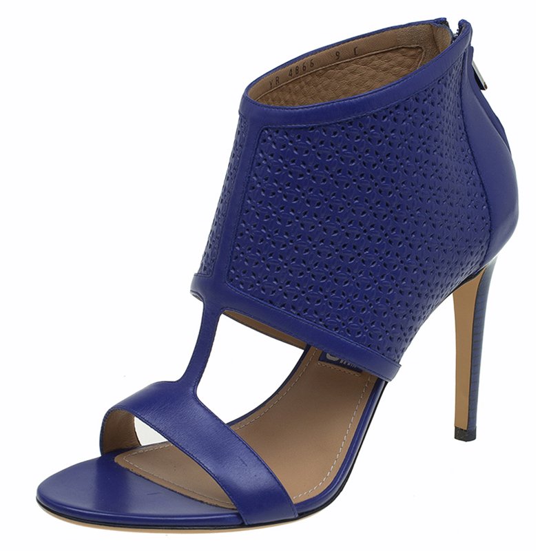 Pre Owned Salvatore Ferragamo Blue Embossed Leather Pacella Open-Toe Booties Size 39.5