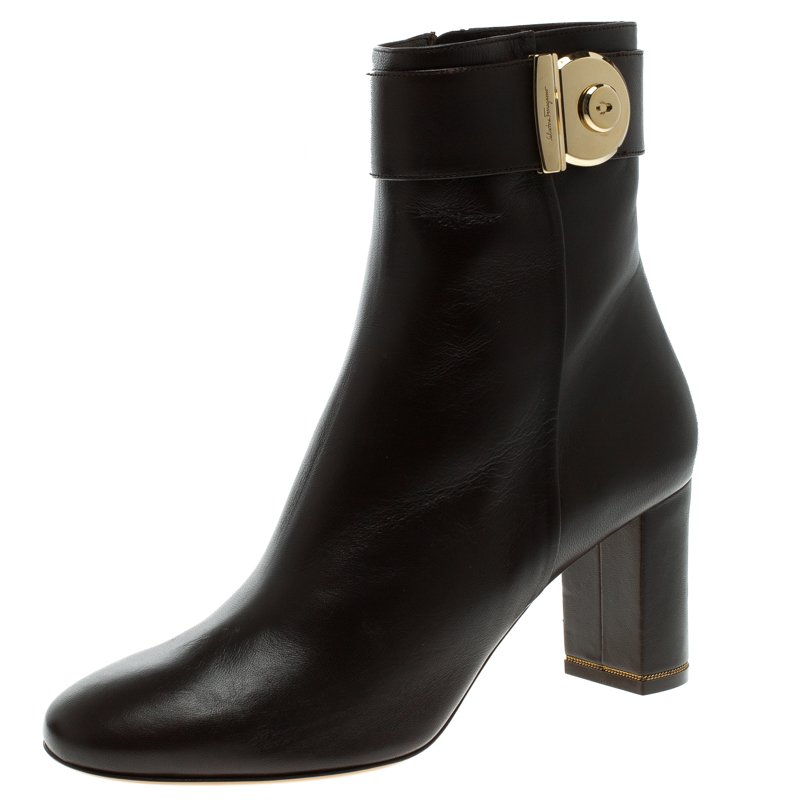 Salvatore Ferragamo Dark Brown Leather Fiamma Ankle Boots Size 40.5 ...
