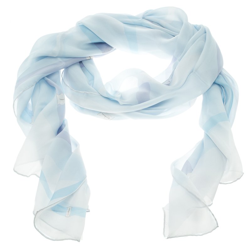 Pre Owned Salvatore Ferragamo Pale Blue Printed Silk Scarf