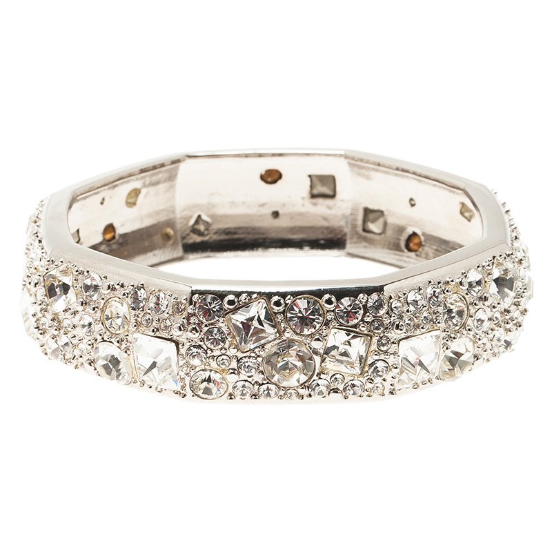 Salvatore Ferragamo Wide Crystal Silver Tone Bangle Bracelet