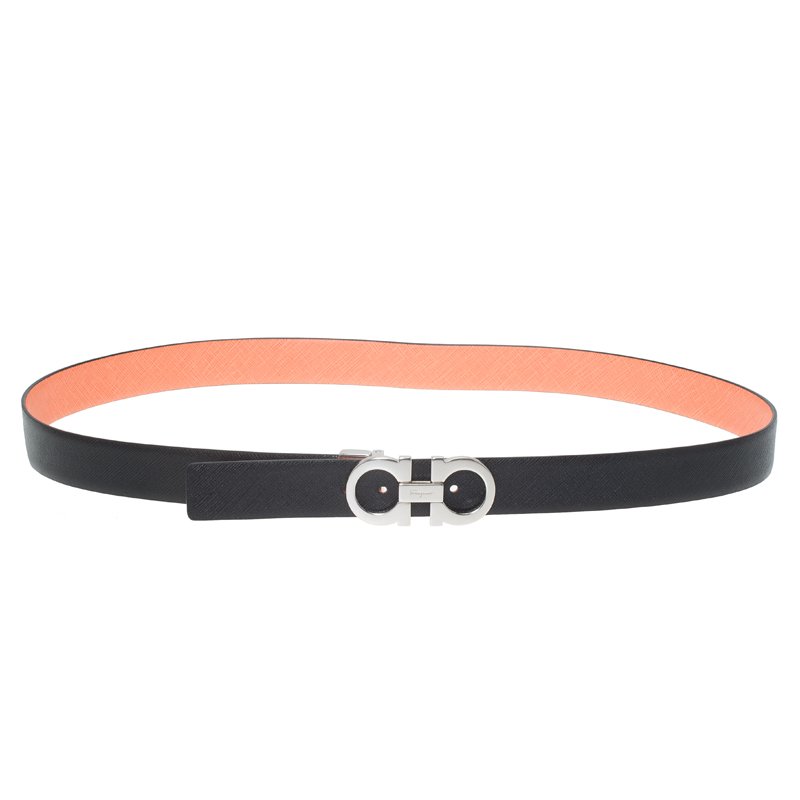 Pre Owned حزام سالفاتوري فيراغامو غانشيو جلد مزدوج أسود وبرتقالي