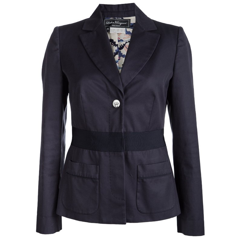 Pre Owned Salvatore Ferragamo Navy Blue Cotton Tailored Blazer S
