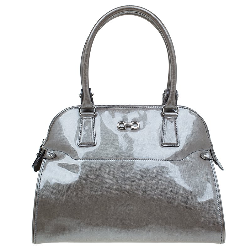 Pre Owned Salvatore Ferragamo Silver Patent Leather Satchel Bag