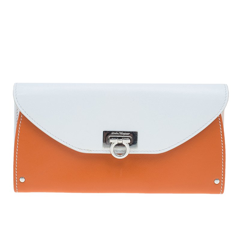 Salvatore Ferragamo Orange and White Leather Gancio Bar Continental Wallet