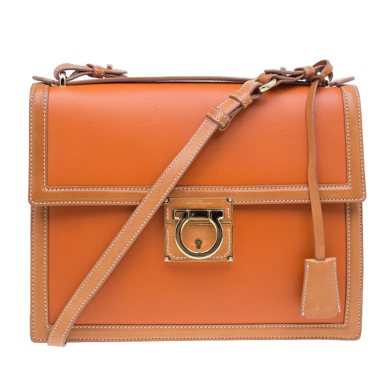 Salvatore Ferragamo Orange Bi Color Leather Marisol Shoulder Bag ...