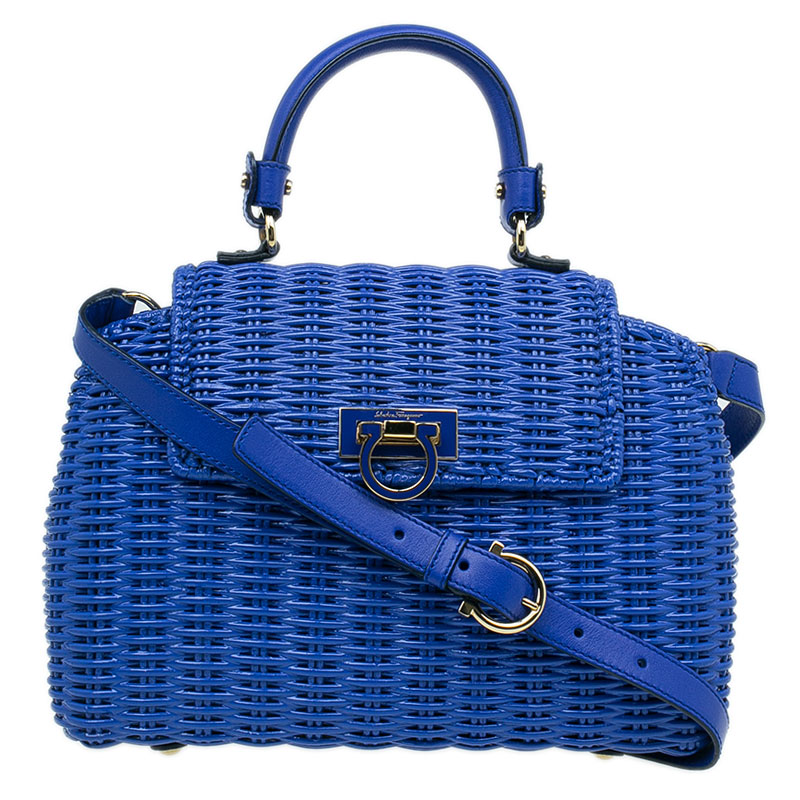 Salvatore Ferragamo Blue Basket Woven Raffia Medium Sofia Top Handle Bag