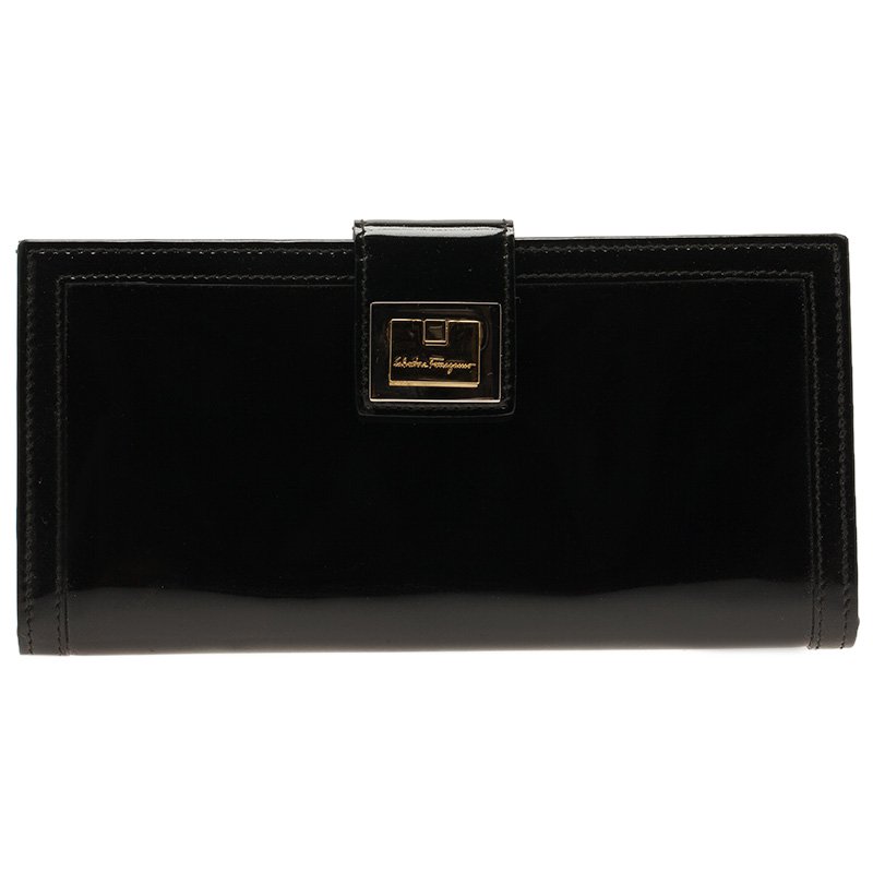 Salvatore Ferragamo Black Patent Leather Continental Wallet