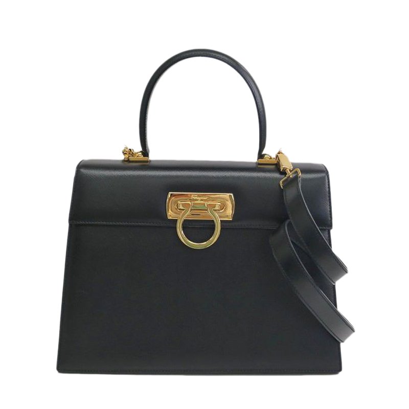 Salvatore Ferragamo Black Embossed Calfskin Leather Kelly Top Handle Shoulder Bag