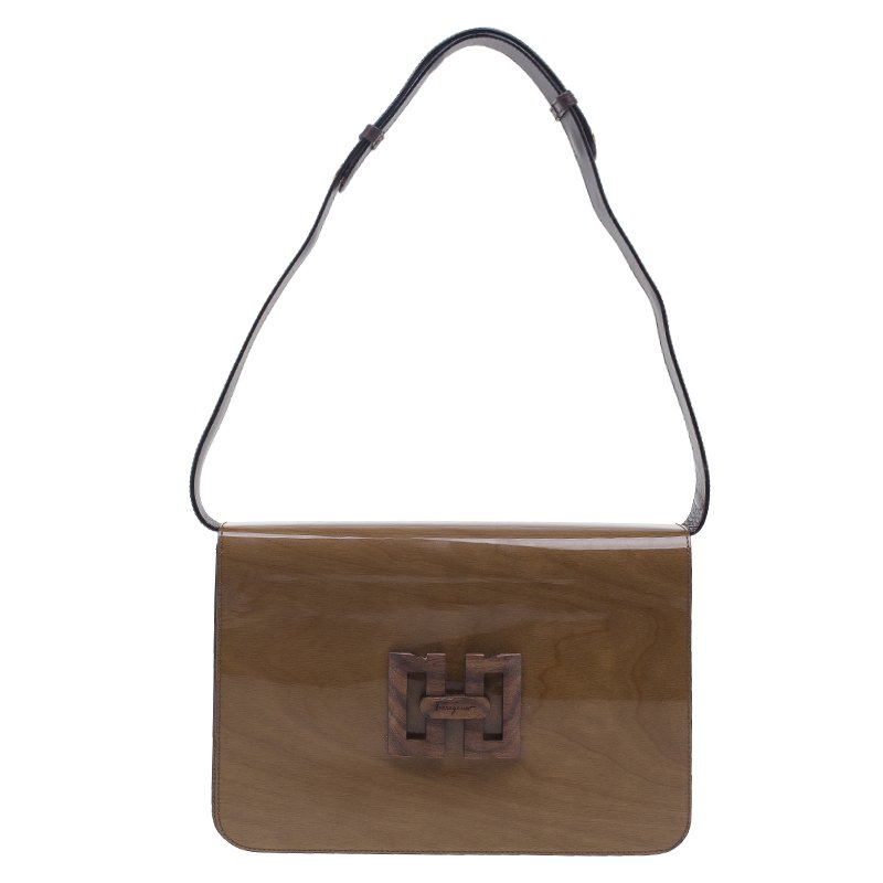 Pre Owned Salvatore Ferragamo Brown Flap Wood Shoulder Bag