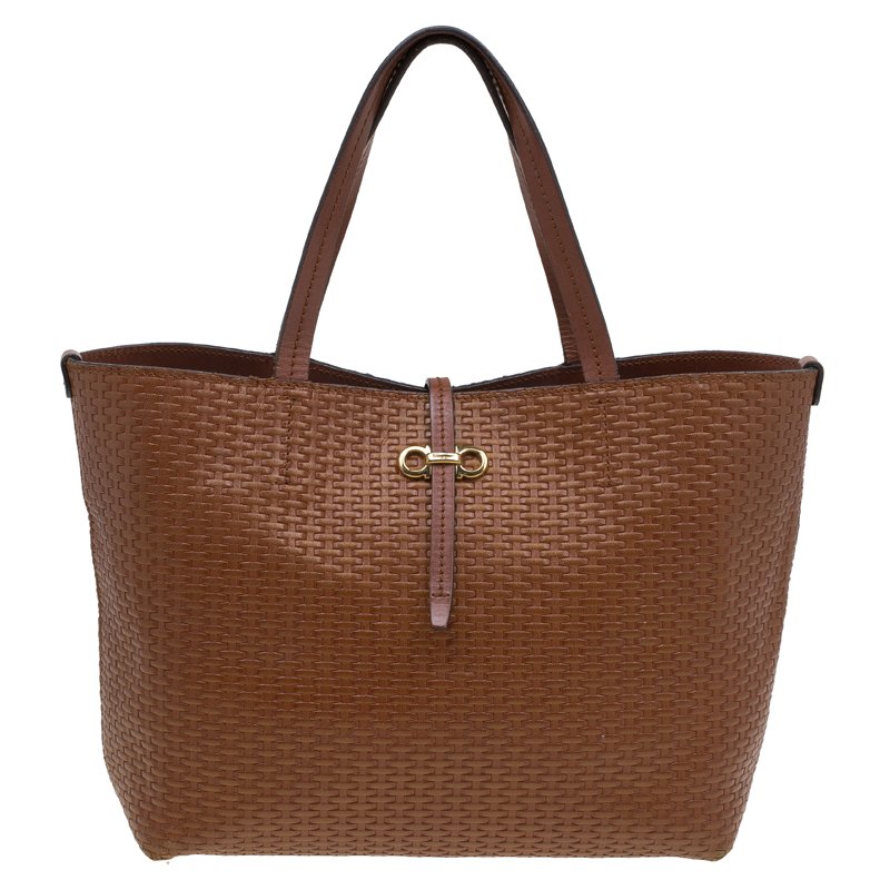 Pre Owned حقيبة يد سالفاتوري فيراغامو بيس جلد مضفرة بنية