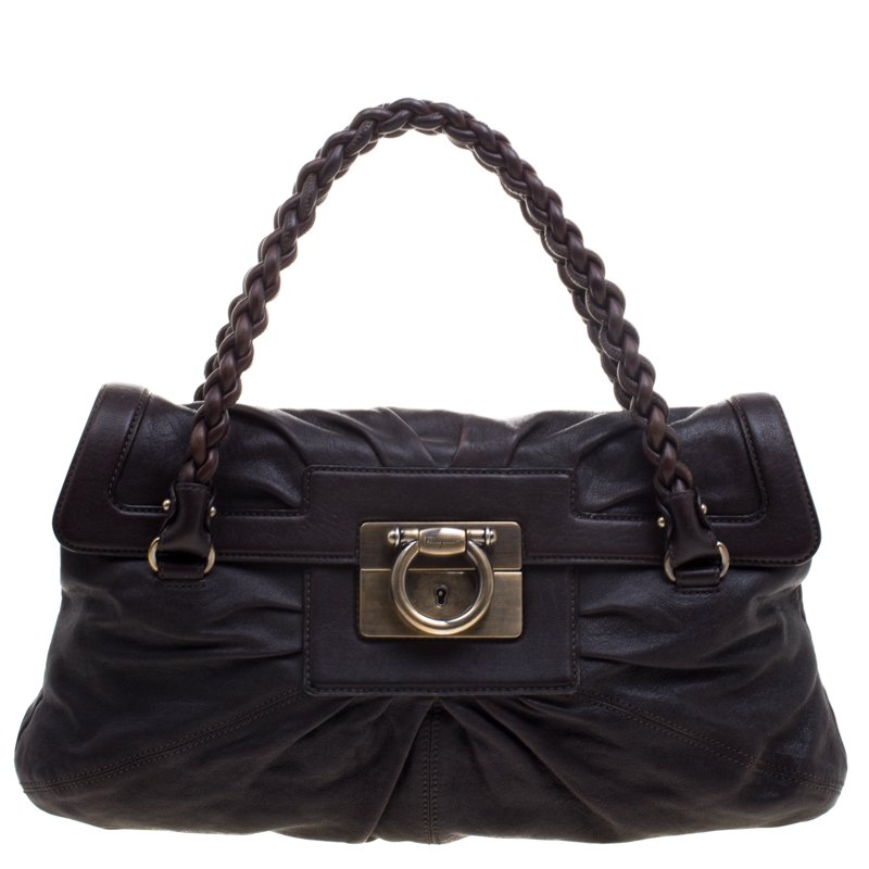 مملوكة مسبقًا Salvatore Ferragamo Dark Brown Leather Braided Satchel