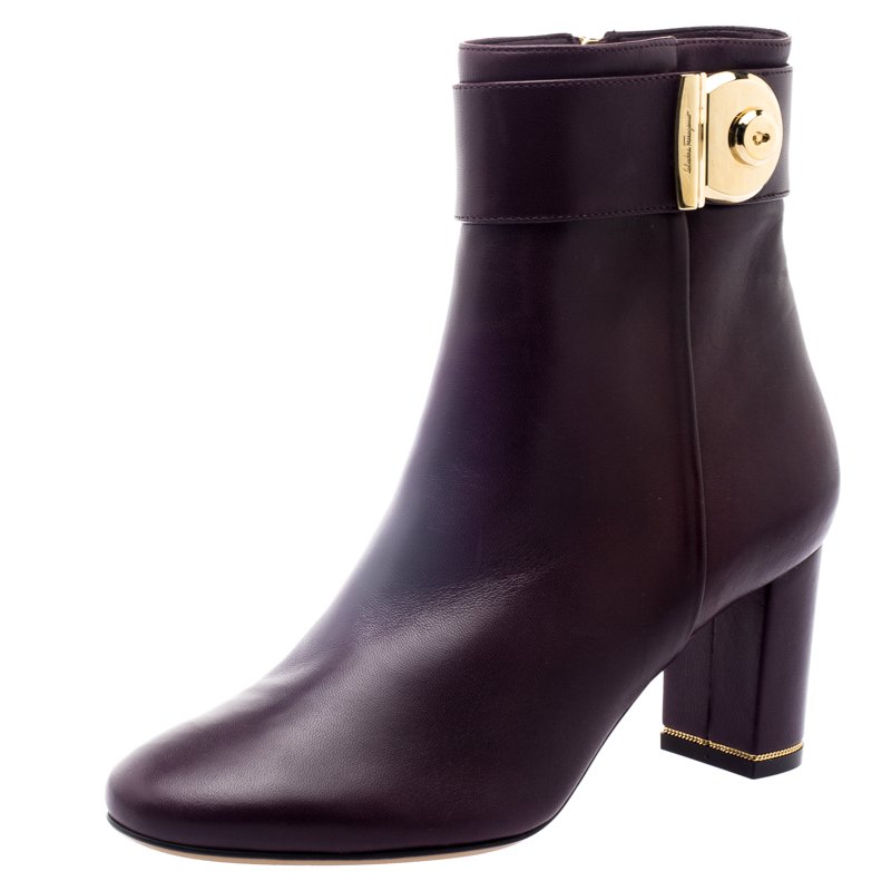 Salvatore Ferragamo Burgundy Leather Fiamma Ankle Boots Size 37 Salvatore Ferragamo TLC