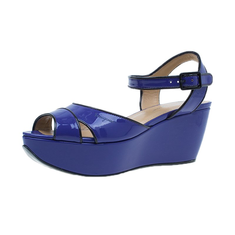 Salvatore Ferragamo Blue Leather Ankle Strap Wedges Size 36