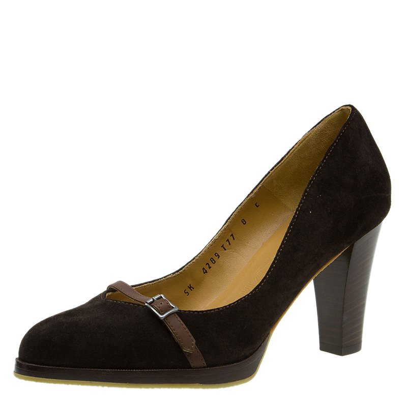 مملوكة مسبقًا Salvatore Ferragamo Brown Suede Buckle Detail Platform Pumps Size 38.5