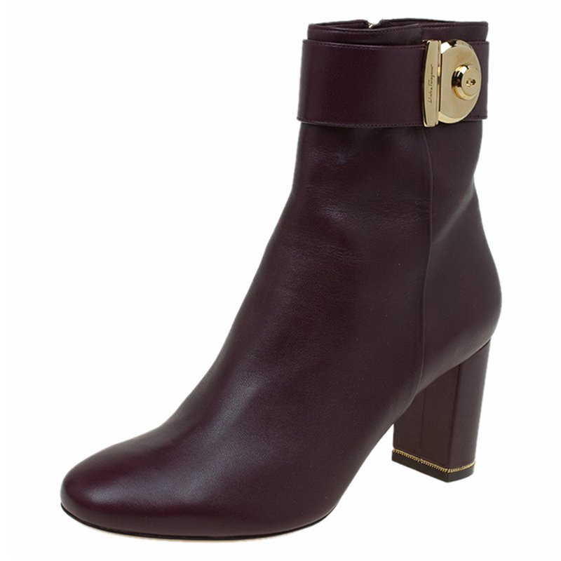 Pre Owned Salvatore Ferragamo Burgundy Leather Fiamma Ankle Boots Size 39.5