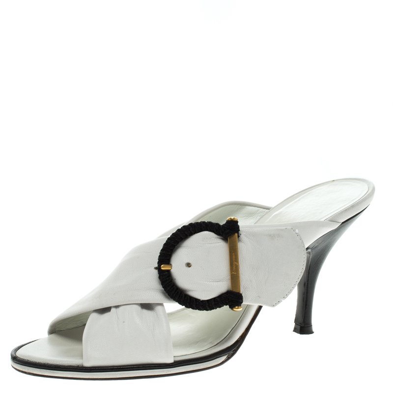 Salvatore Ferragamo White Leather Gancini  Crosss Strap Slides Size 37