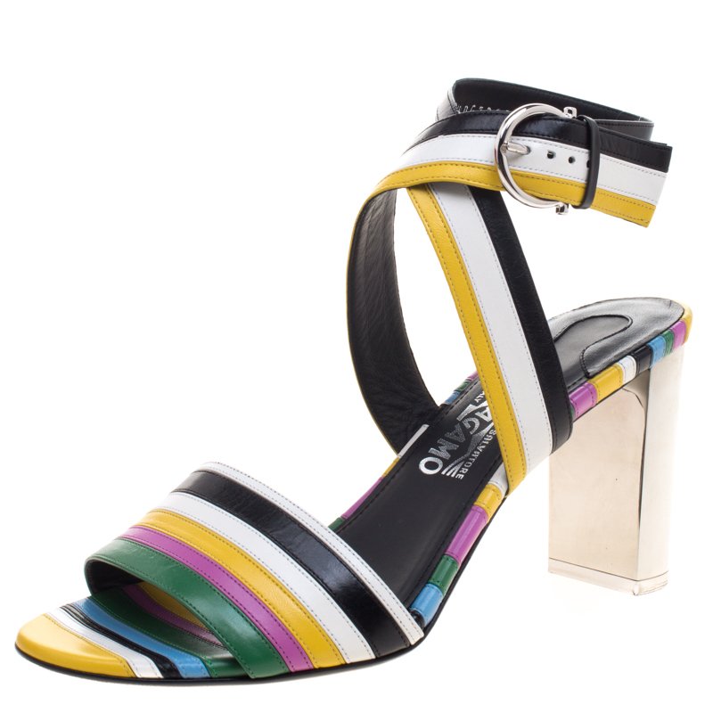 مملوكة مسبقًا Salvatore Ferragamo Multicolor Stripe Leather Gilli Ankle Wrap Sandals Size 40