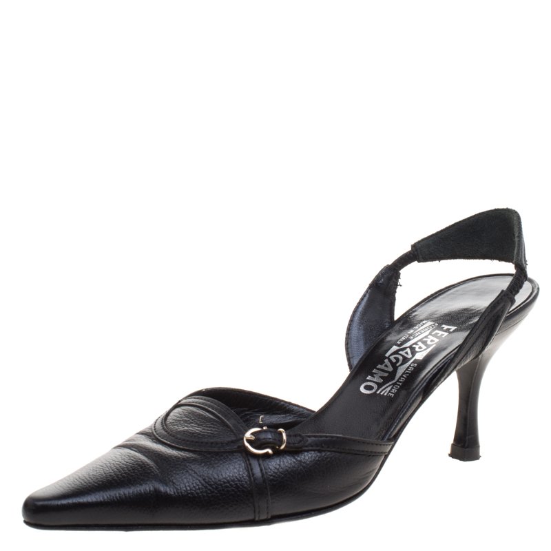 Pre Owned Salvatore Ferragamo Black Leather Pointed Toe Slingback Sandals Size 39.5