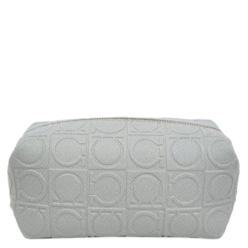 Pre Owned Salvatore Ferragamo Light Grey Calfskin Leather Gancini Cosmetic Pouch