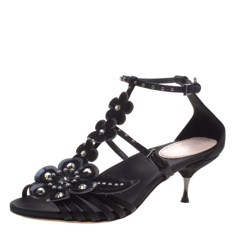 Sebastian Black Floral Embellished Satin Strappy Sandals Size 37