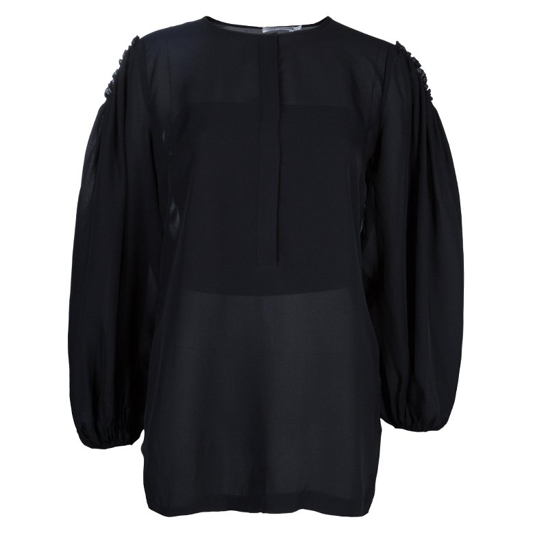 Pre Owned See by Chloe Black Balloon Sleeve Sheer Tunic Blouse L