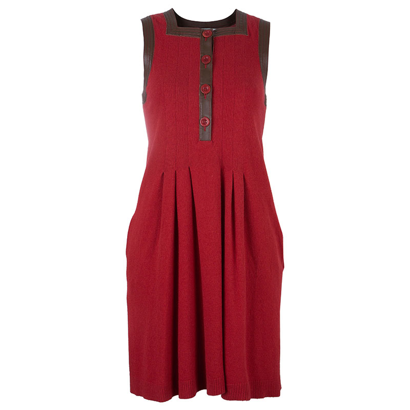 Pre Owned See by Chloe Red Wool Leather Trimming Dress S