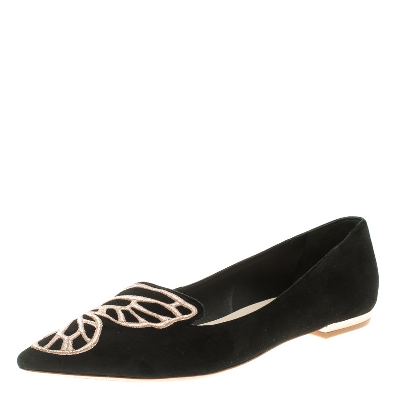 Pre Owned Sophia Webster Black Embroidered Suede Bibi Butterfly Pointed Toe Ballet Flats Size 39.5