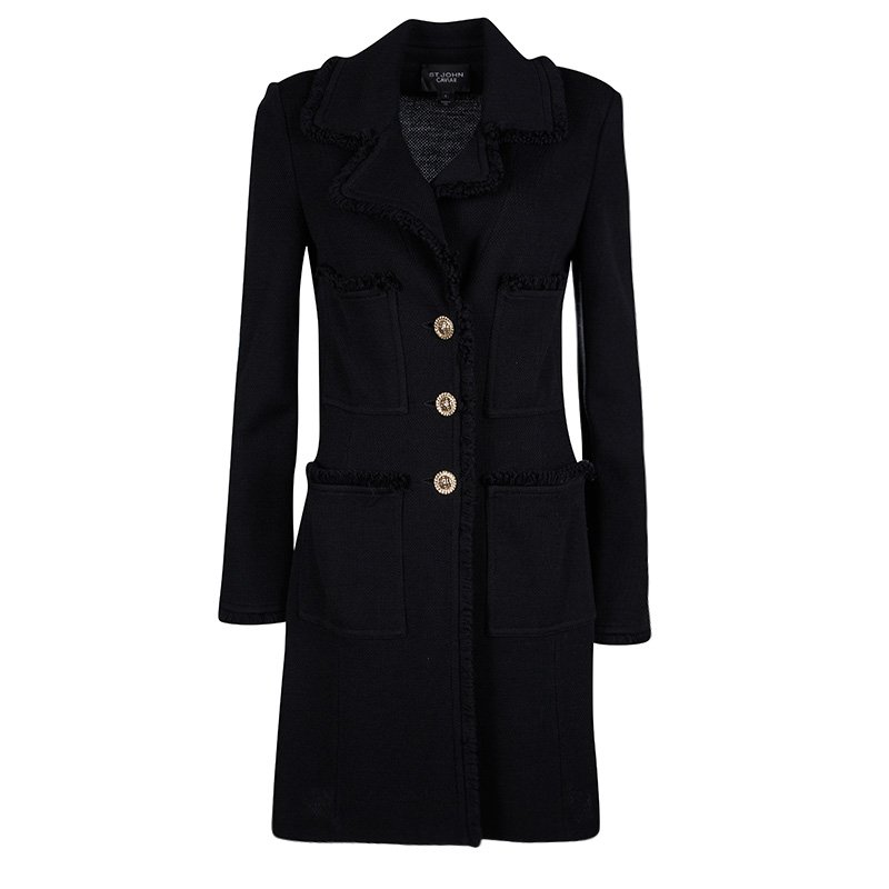 St. John Caviar Black Textured Knit Fringed Edge Overcoat M
