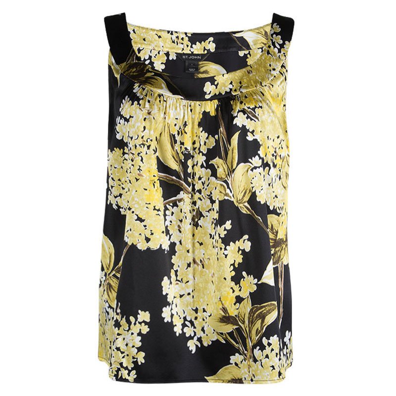 St. John Floral Printed Silk Gathered Sleeveless Top L