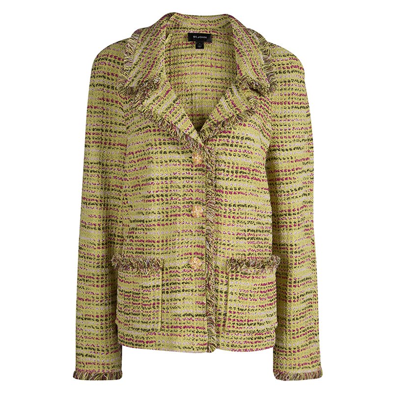 St. John Lime Green Fringed Edge Tweed Jacket XL