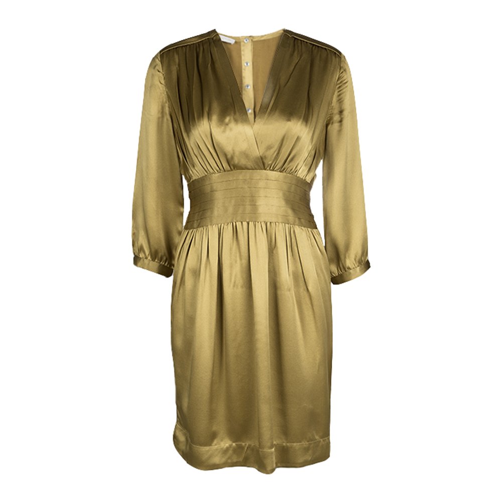 Stella McCartney Dull Gold Satin Pleated Long Sleeve Dress S