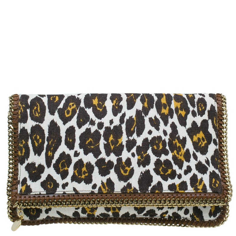 مملوكة مسبقًا Stella Mccartney Leopard Print Canvas Faux Leather Trim Foldover Clutch