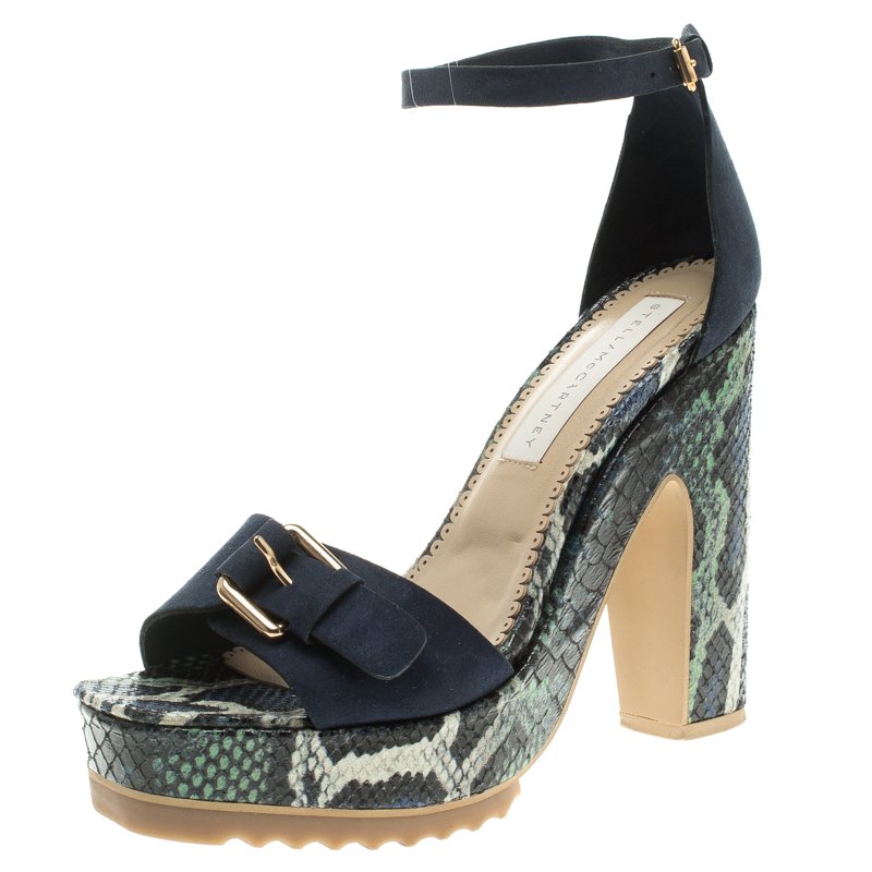 Stella McCartney Blue Faux Suede and Python Print Platform Ankle Strap Sandals Size 39