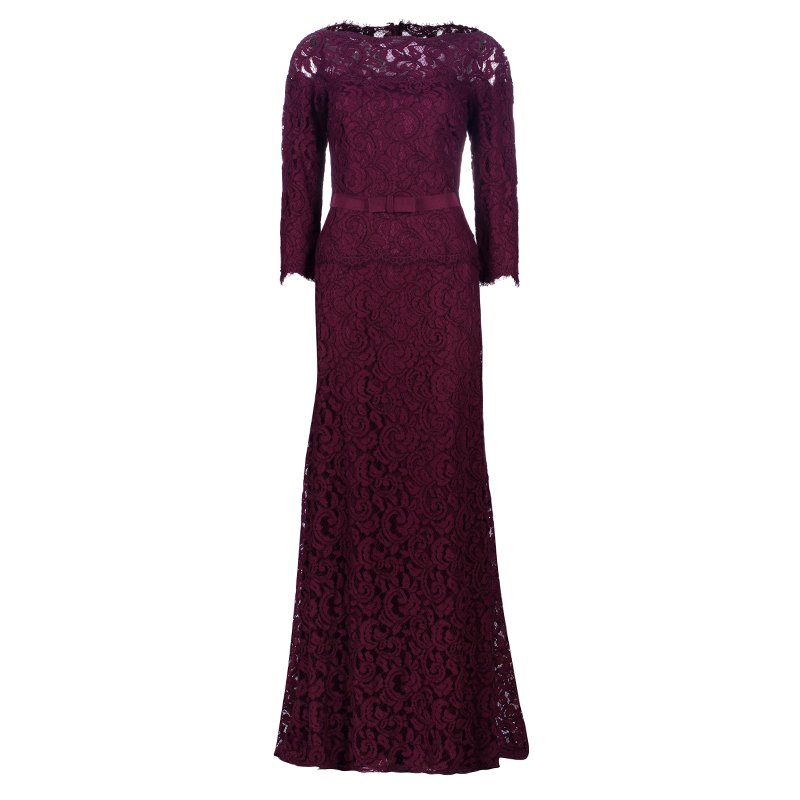 Pre Owned Tadashi Shoji Merlot Long Sleeve Lace Gown M