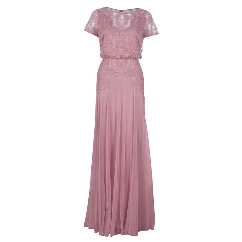 Pre Owned Tadashi Shoji Rose Pink Embroidered Short Sleeve Tulle Gown M