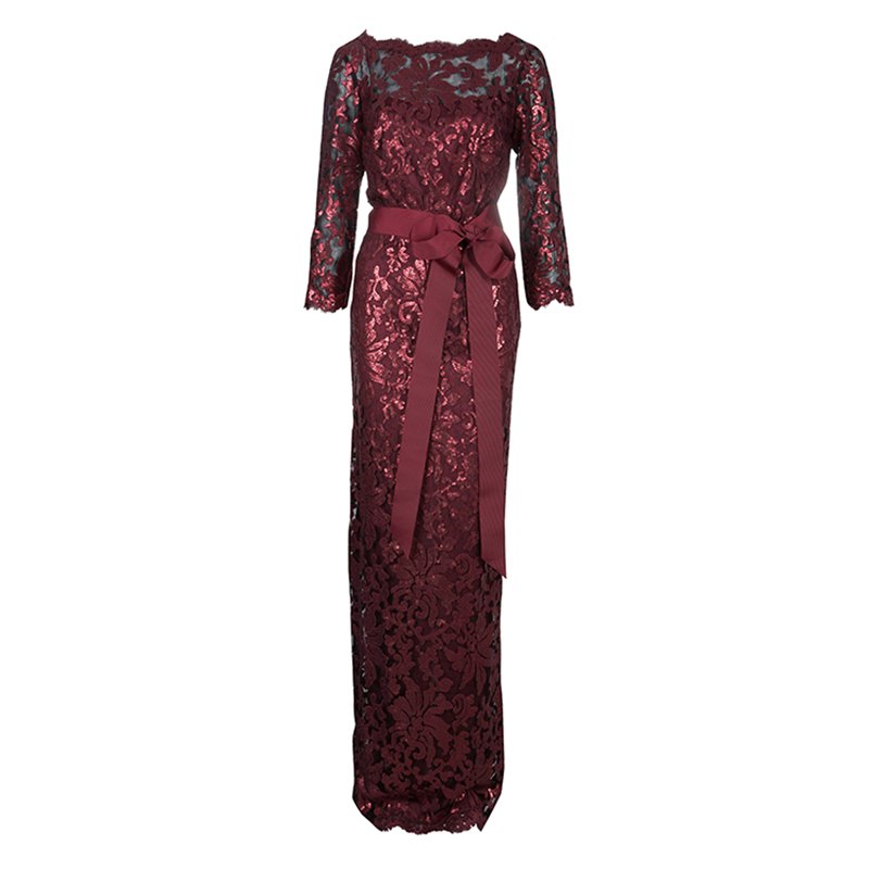 Tadashi Shoji Burgundy Long Sleeve Lace Sequin Embellished Gown L