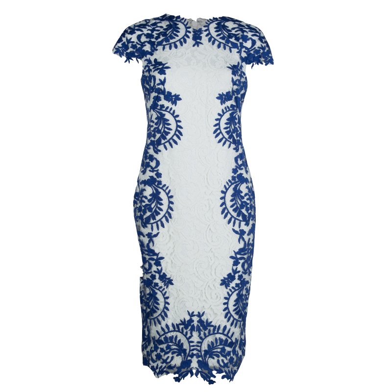 Tadashi Shoji White and Blue Embroidered Floral Lace Midi Dress M ...