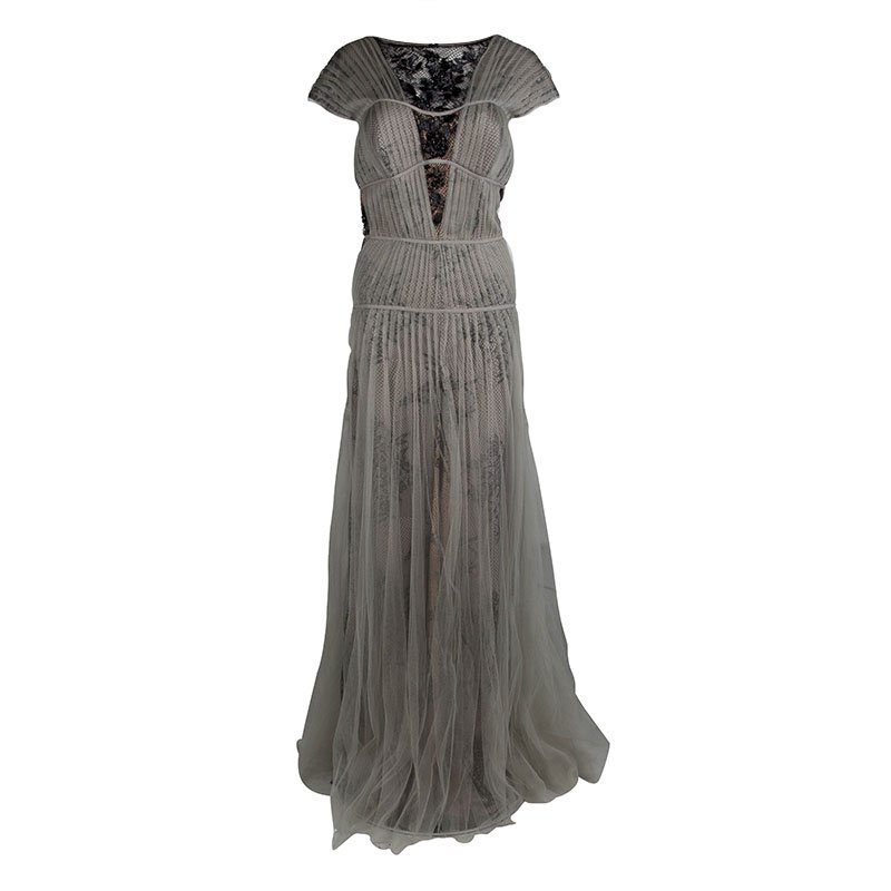Pre Owned Tadashi Shoji Pleated Lace Grey Black Gown XXL