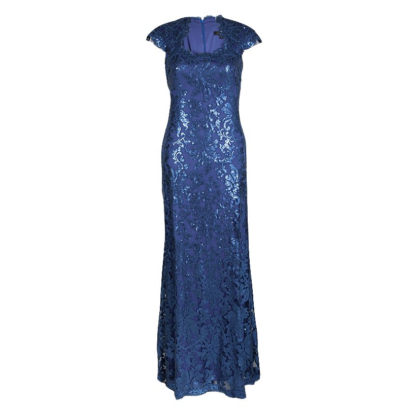 Tadashi Shoji Navy Blue Sequined Lace Square Neck Gown S