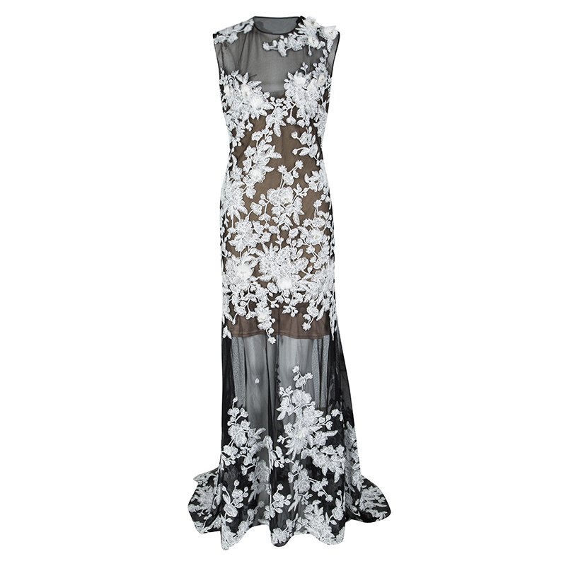 Pre Owned Tadashi Shoji NYFW'16 Monochrome Floral Applique Detail Embroidered Odori Gown L