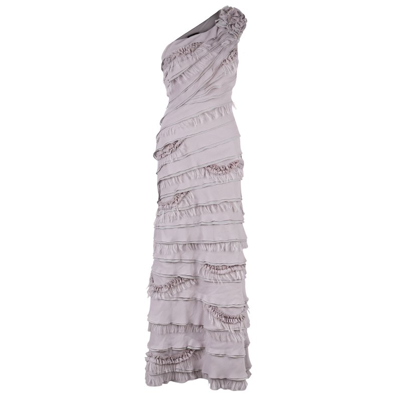 مملوكة مسبقًا Tadashi Shoji Gray Tiered One-Shoulder Organza Dress M