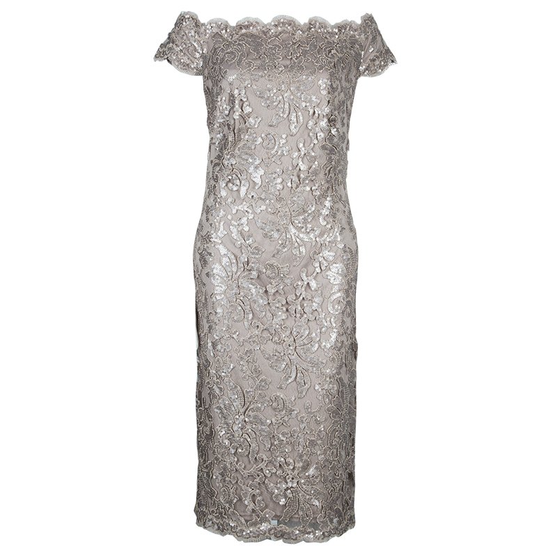مملوكة مسبقًا Tadashi Shoji Beige Sequin Off-Shoulder Dress XL