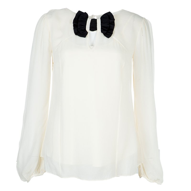 Temperley London Cream Contrast Bow Detail Long Sleeve Silk Blouse M