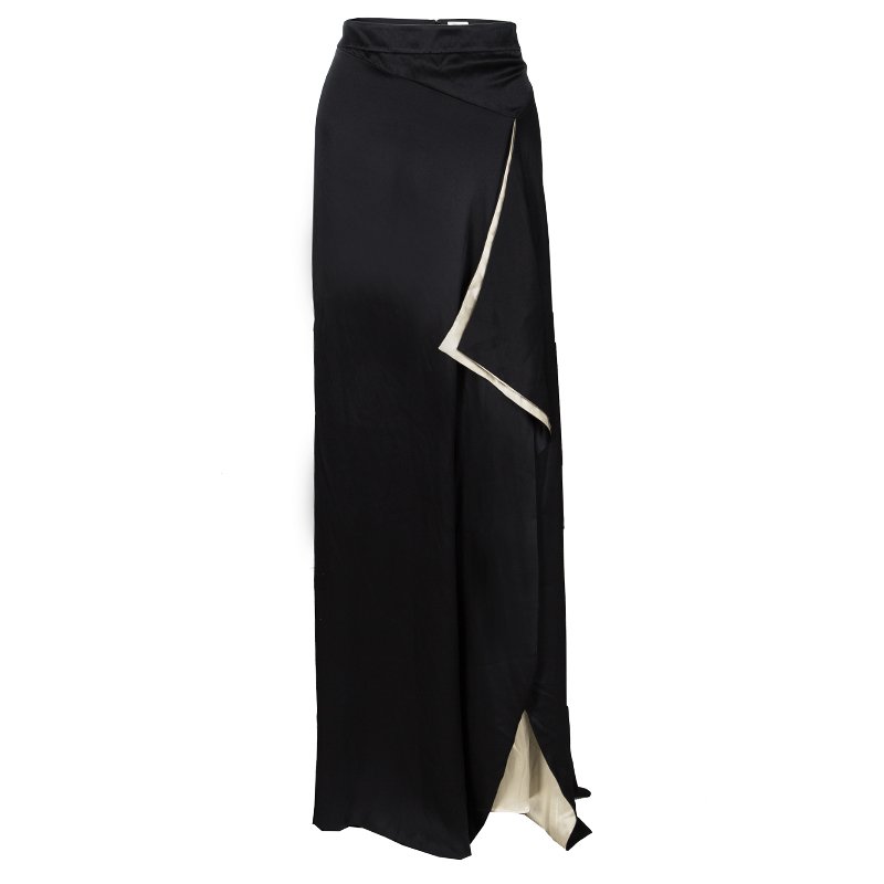 Pre Owned Temperley London Black Satin Contrast Lined Ruffle Slit Detail Maxi Skirt L