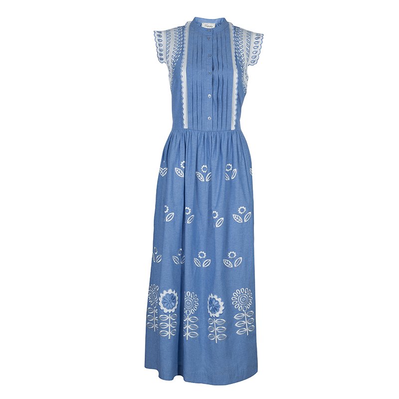 Temperley Blue and White Embroidered Scallop Detail Maxi Dress S