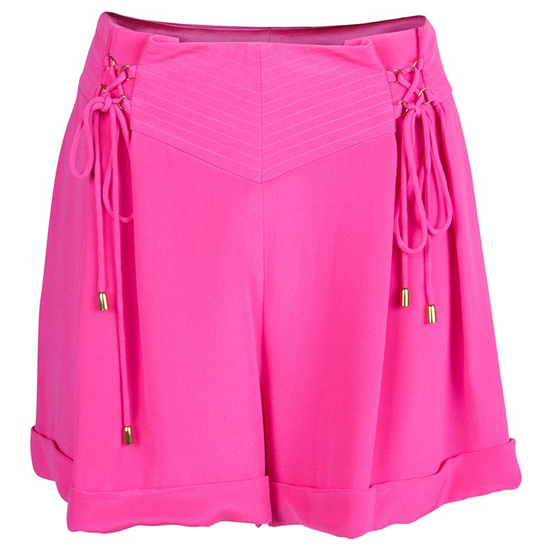 Temperley Neon Pink Silk Tie-Up Detail High Waist Shorts M