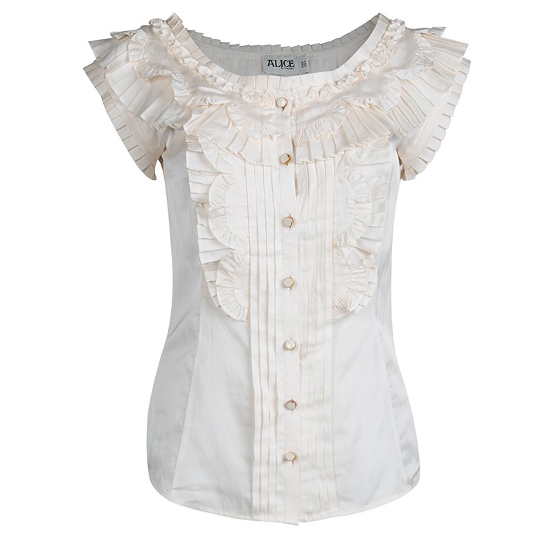 Pre Owned Alice By Temperley  Off- White Pleated Frill Detail Button Down Sleeveless Top S