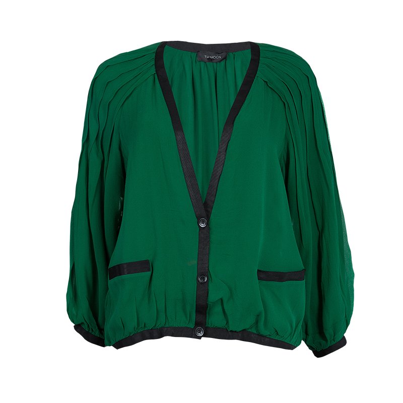 مملوكة مسبقًا Thakoon Green Contrast Piping Detail Cardigan Style Long Sleeve Silk Blouse M